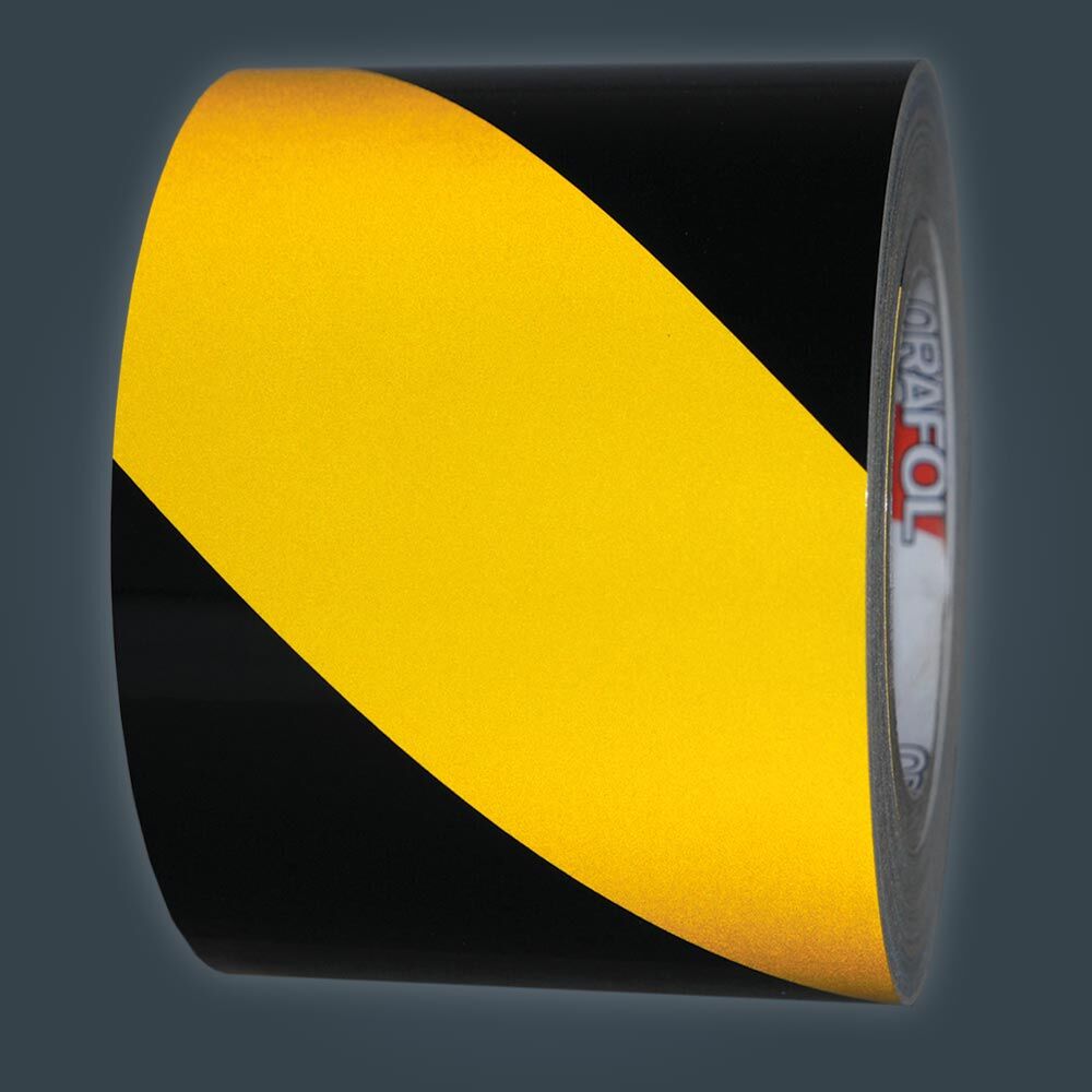 Rolle Orafol ORALITE 5431 Industrie-Warnfolie schwarz-gelb reflektierend, 100 mm, rechtsweisend