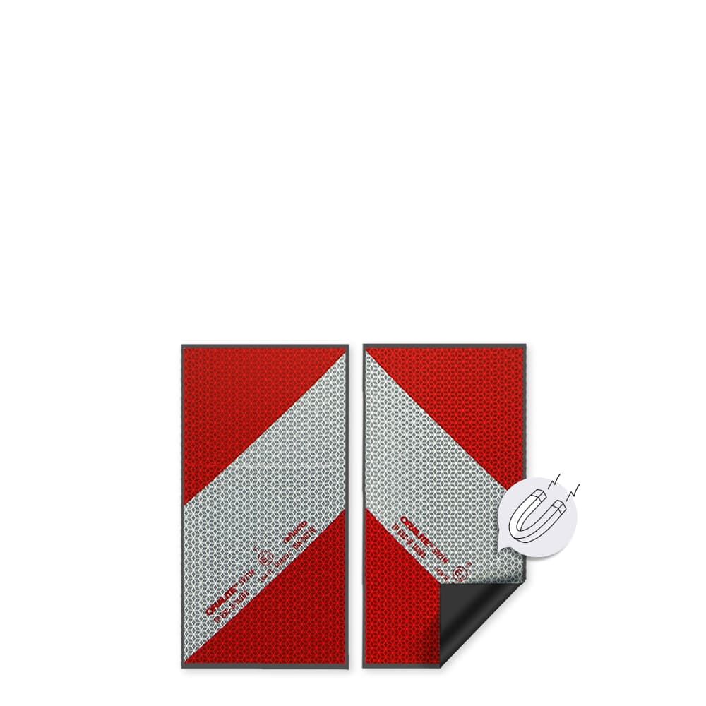 2-teiliges Set Reflecto 5921M Warnmarkierung mit umgeklappter Ecke, zeigt magnetische Rückseite