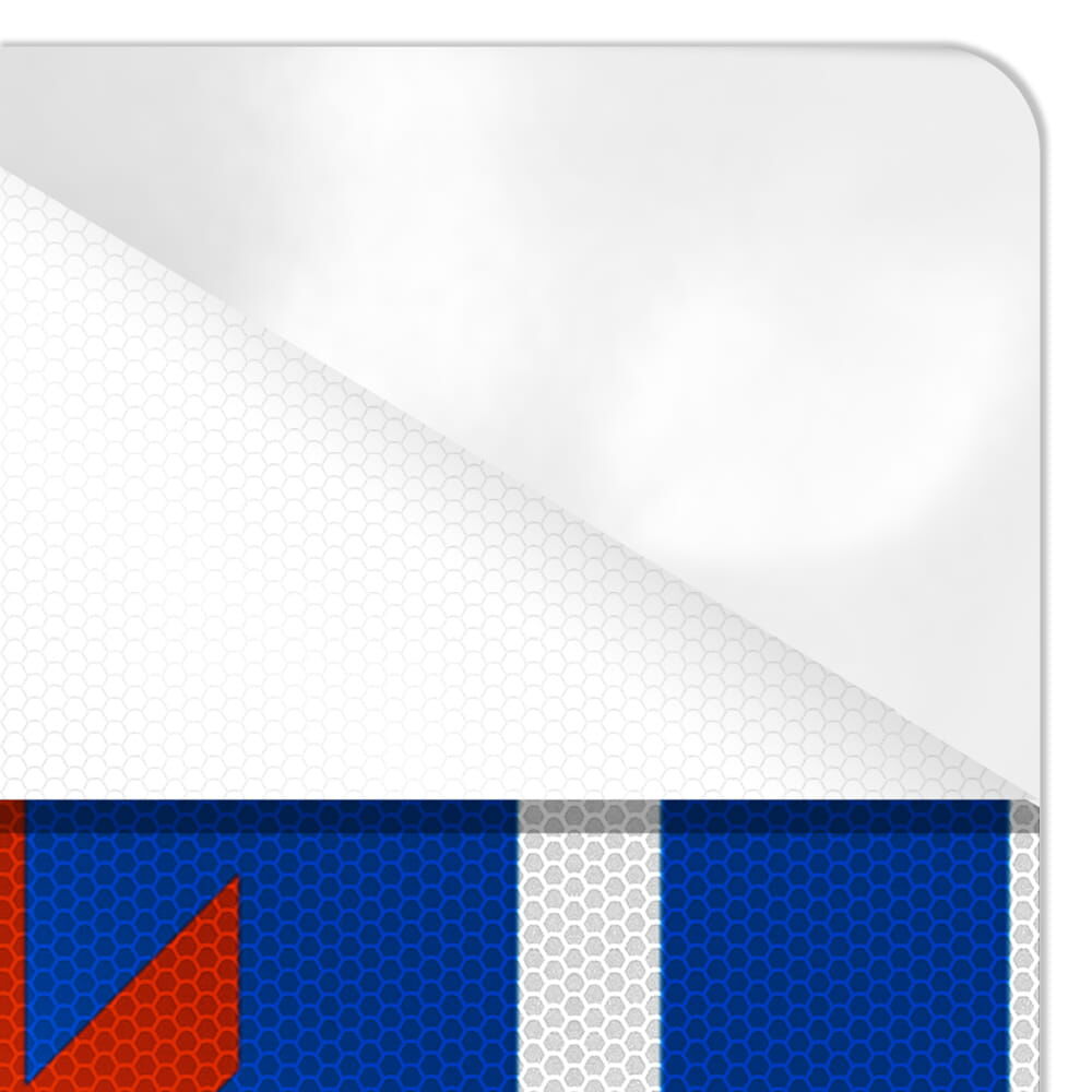 Detail: selbstklebende Rückseite/Trägerfolie am Zeichen 208 (Ecke abgezogen)