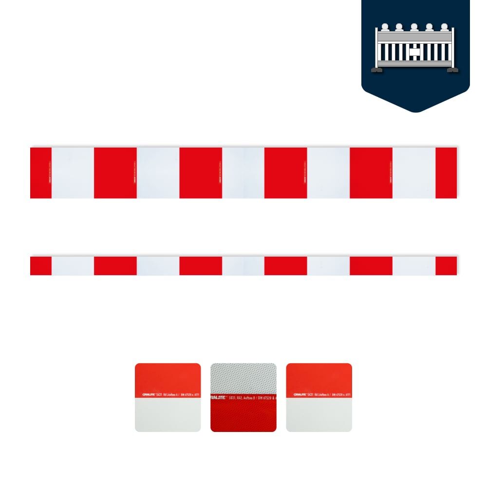 Set mit roten/weißen ORALITE-Schrankenfolienzuschnitten in 100 mm und 250 mm Höhe