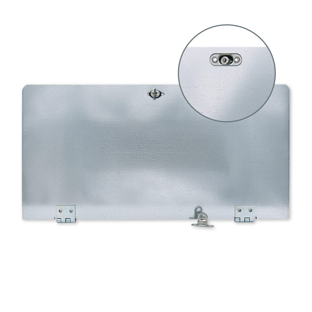 Rückseite einer Warntafel mit Detailansicht der Drehwirbelhalterung