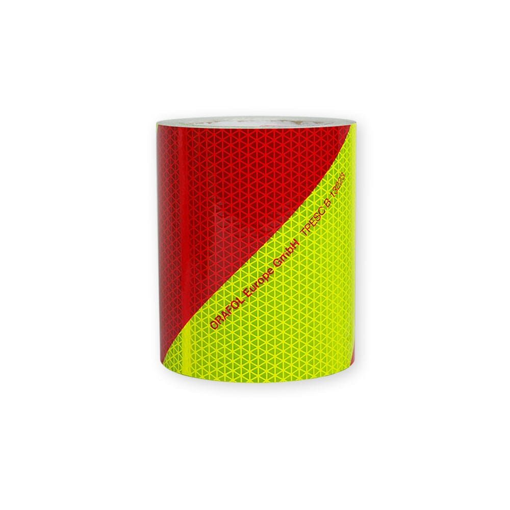 Eine Rolle ORALITE VC 612 Warnmarkierung Fluorlime-Rot, rechtsweisend diagonal, 141 mm.