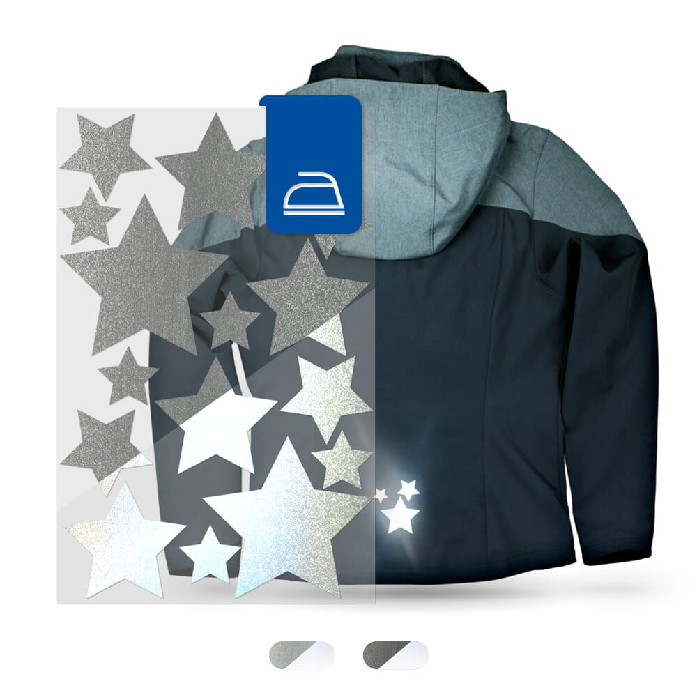 Dunkle Jacke mit applizierten Reflex-Sternen, Produktblatt teils überlagert