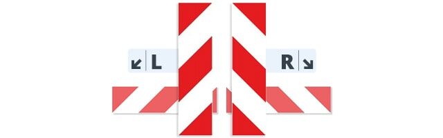 Richtung von Warnmarkierungen Rot-weiße Warnmarkierungen mit L- und R-Richtungspfeilen in symmetrischer Anordnung