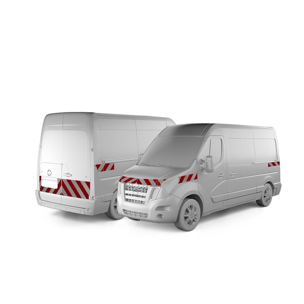 Nissan NV 400 in Front- und Heckansicht mit Komplettwarnmarkierungssatz, Baujahr 2010