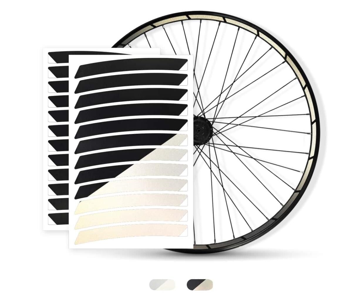 Felgensticker Light auf Fahrradfelge montiert, Farben Weiß und Schwarz