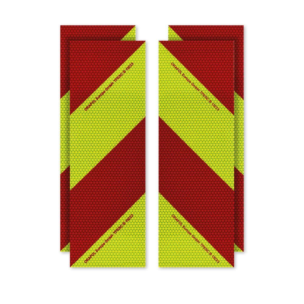 Vier magnetische VC 612 Warnmarkierungs-Zuschnitte, Vorderseite rot-fluorlime