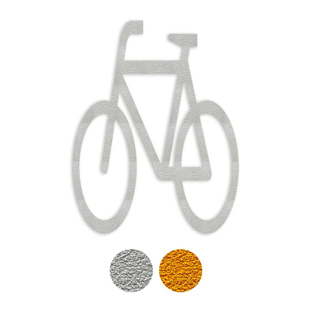 Fahrrad-Piktogramm in Weiß aus 3M Stamark, zusätzlich Farbmuster für Weiß und Gelb dargestellt