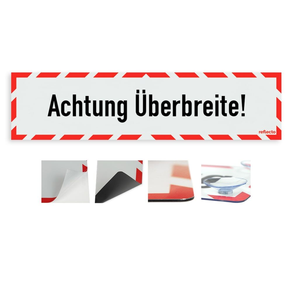 Hinweisschild „Achtung Überbreite“ mit rot-weißem Rahmen, Variantenübersicht
