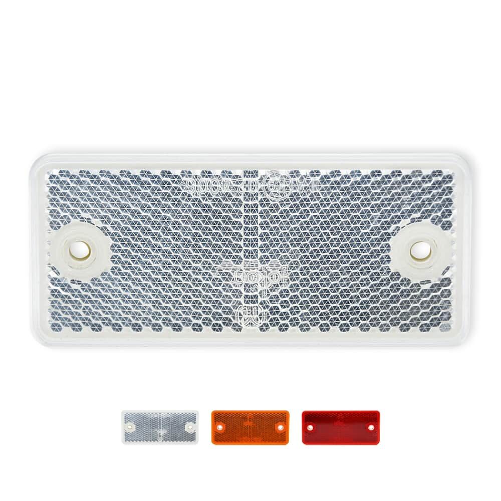 Reflektor 90×40 mm silber mit Bohrlöchern, Varianten silber / orange / rot darunter