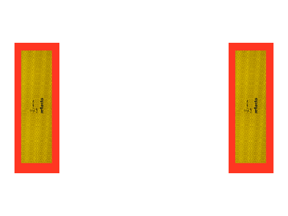 Zwei Heckwarntafel-Halbmarkierungen mit größerem Abstand horizontal nebeneinander, jeweils mit rot reflektierendem Rahmen und gelb reflektierendem Innenteil.