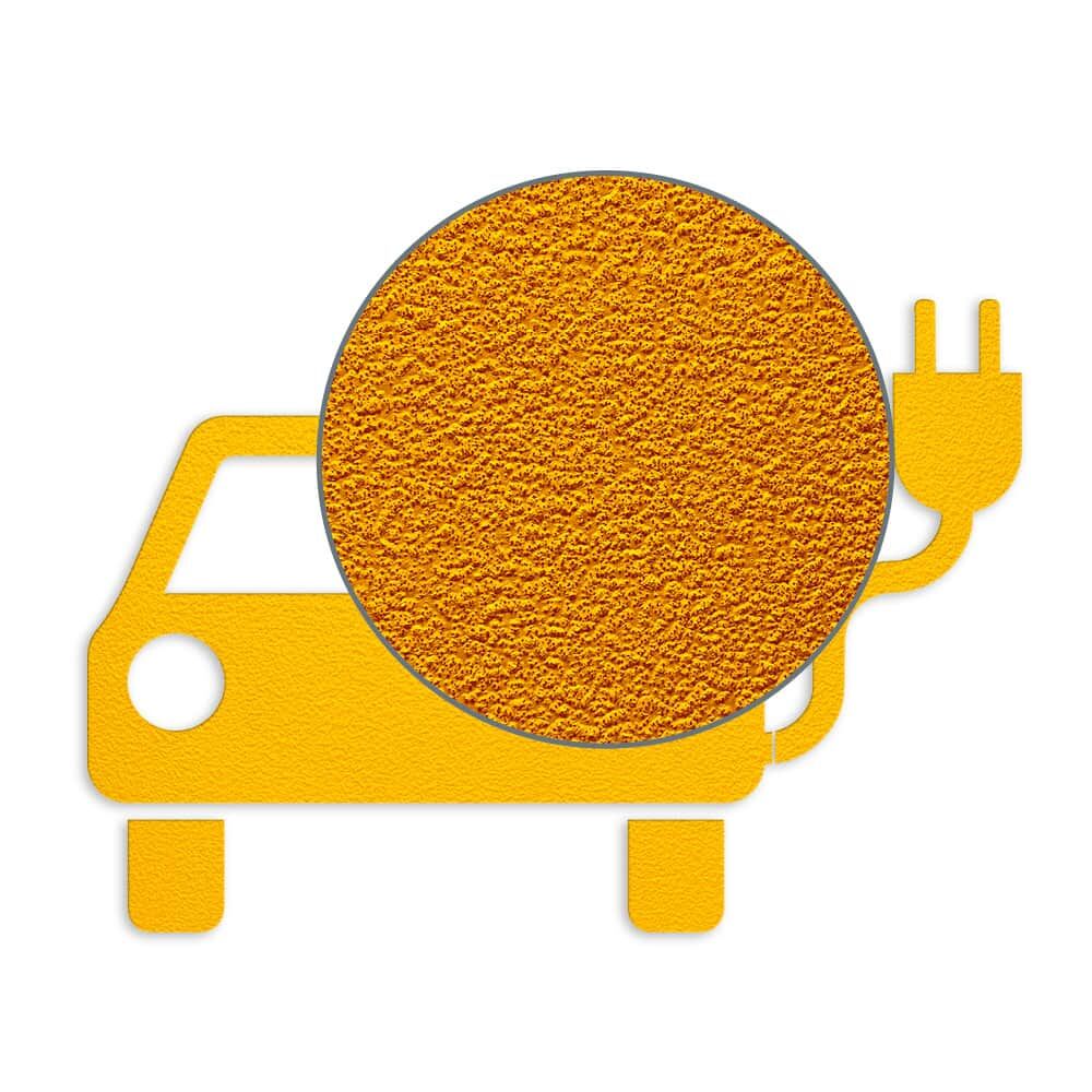 Detailaufnahme Struktur der gelben Fahrbahnmarkierungsfolie Elektroauto