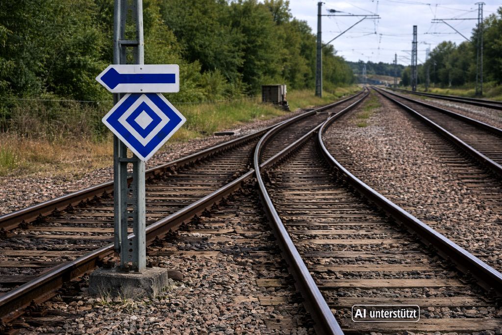 Angebrachtes EL6 Signal Schild zwischen zwei Schienen in einem Weichenbereich. AI modified.