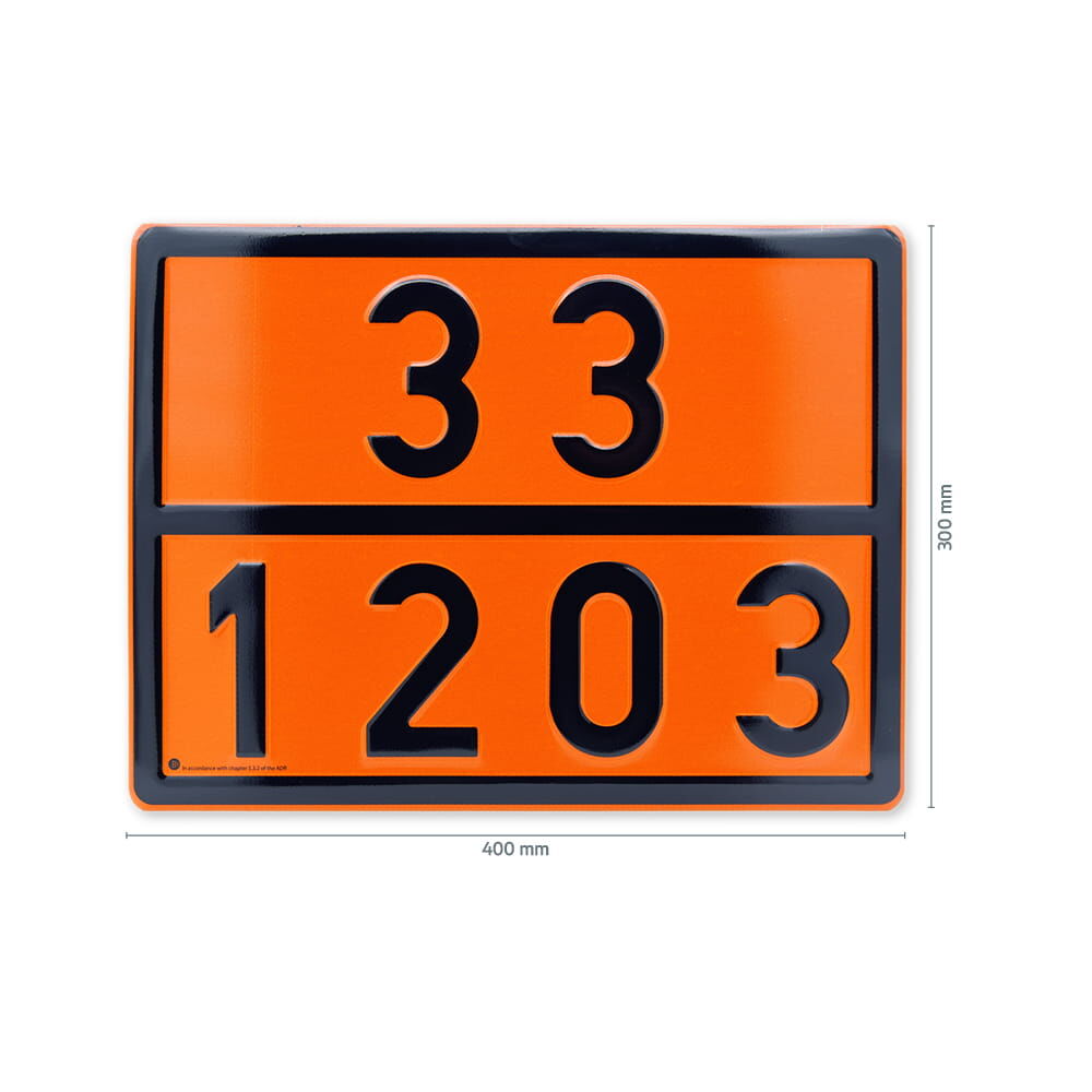 ADR Tafel 33 / 1203 mit Maßangaben 400 × 300 mm auf weißem Hintergrund