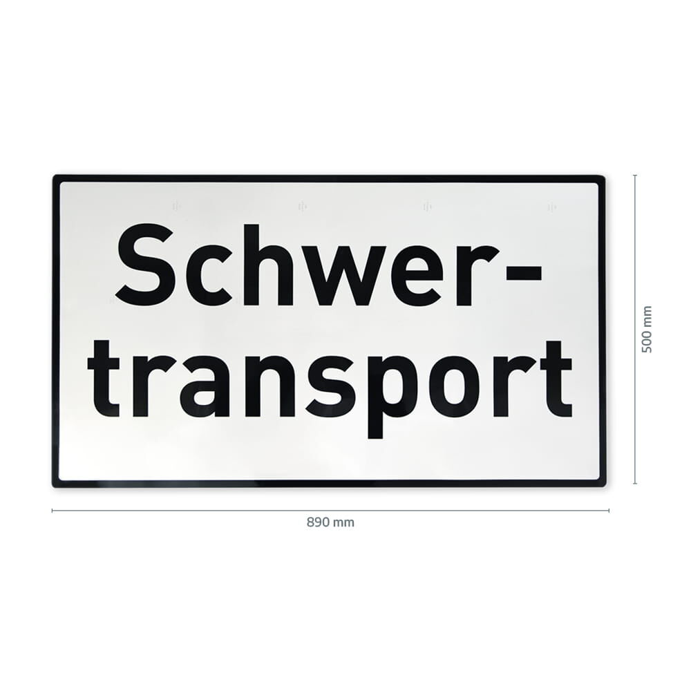 Schild „Schwertransport“ mit Maßangaben: 890 mm breit, 500 mm hoch
