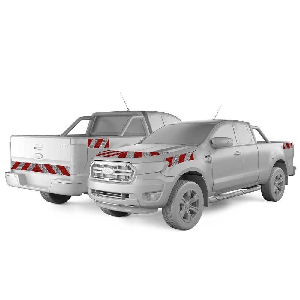 Ford Ranger Wildtrak in Front- und Heckansicht mit Komplettwarnmarkierungssatz, Baujahr 2019