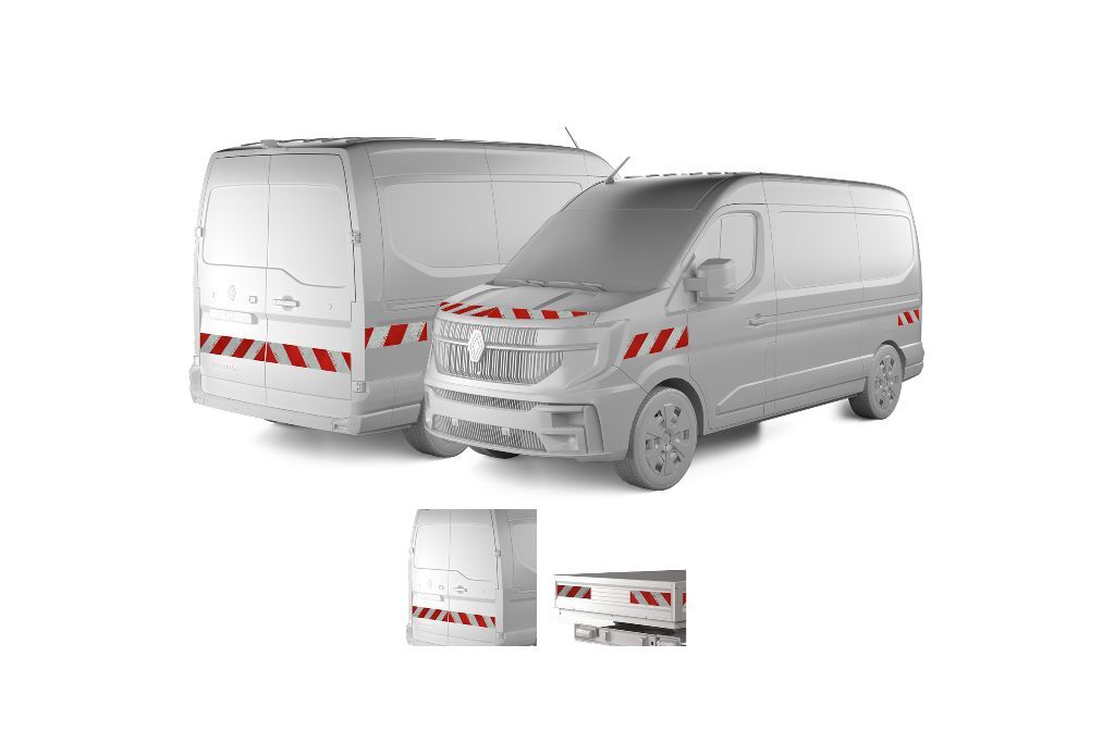 Warnmarkierung am Renault Master 2024: Streifen vorn, seitlich und am Heck gemäß DIN 30710