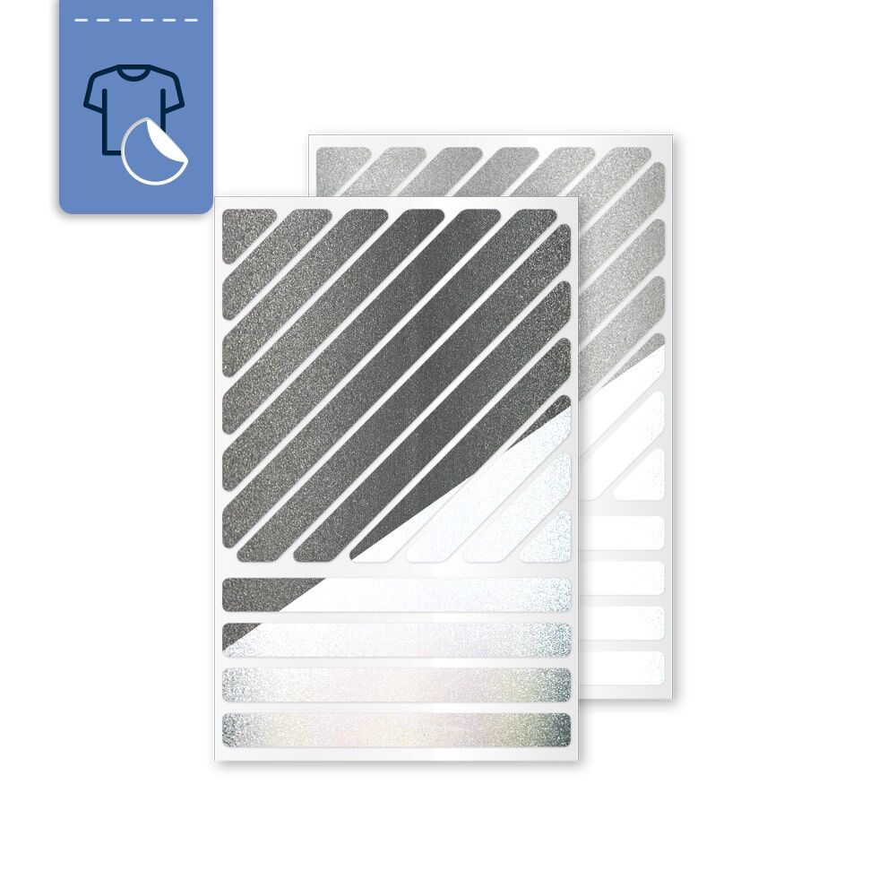 Zwei Stickerbögen schmaler Metallic-Reflexstreifen, schwarz und silber