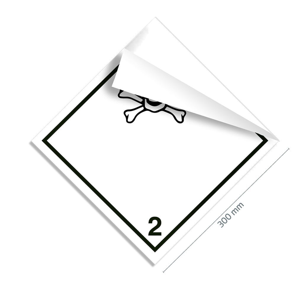 Gefahrgutzettel Klasse 2.3, 300×300 mm, Ecke gelöst zeigt flexible Klebefolie