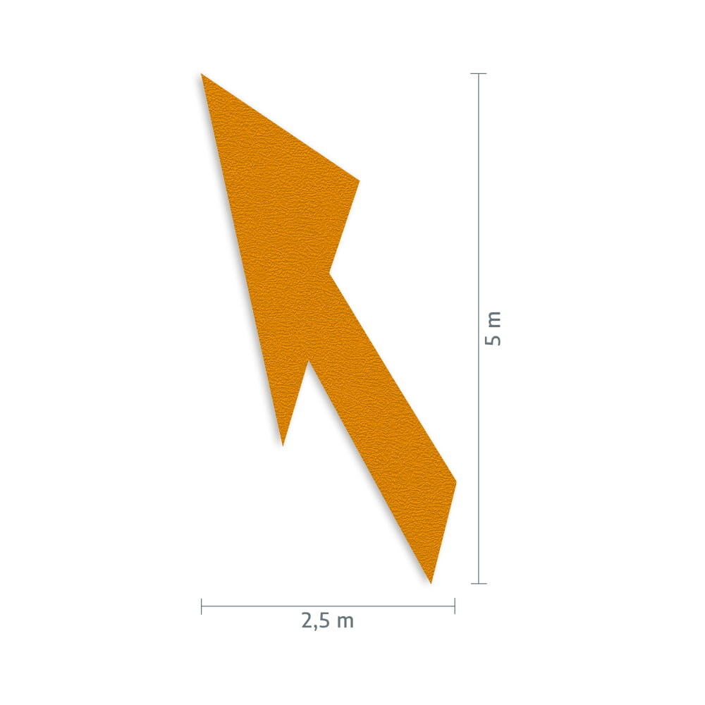 Maßgrafik des Pfeils: Breite 2,5 m, Höhe 5 m, Verkehrsklasse P6 in gelb