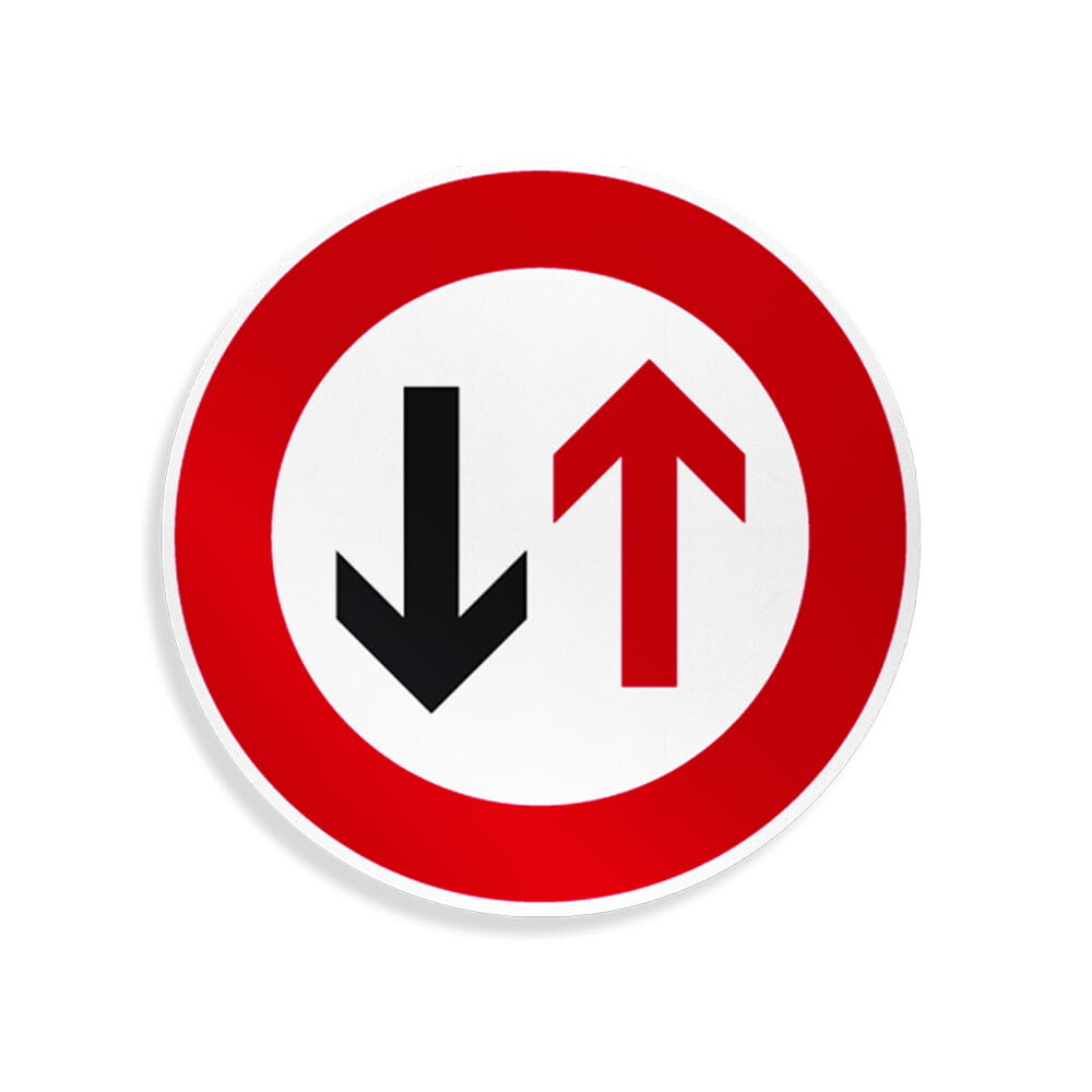 Rundes Verkehrszeichen 208: roter Rand, roter Pfeil hoch, schwarzer Pfeil runter