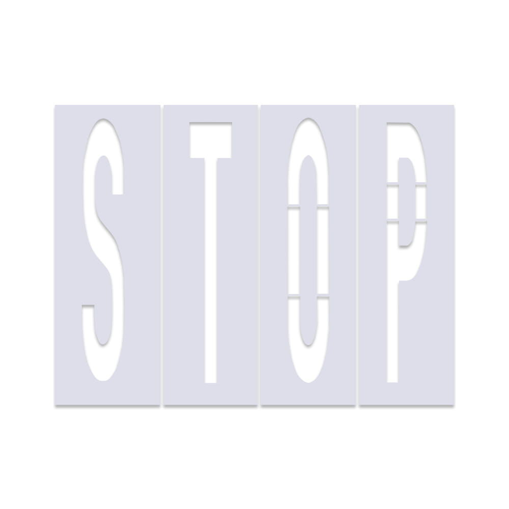 Vierteilige Schablone „STOP“ für Fahrbahnmarkierungen, Frontansicht.