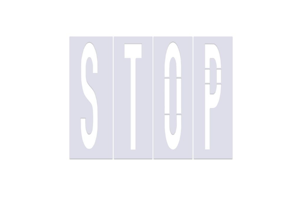 Vierteilige Schablone „STOP“ für Fahrbahnmarkierungen, Frontansicht.