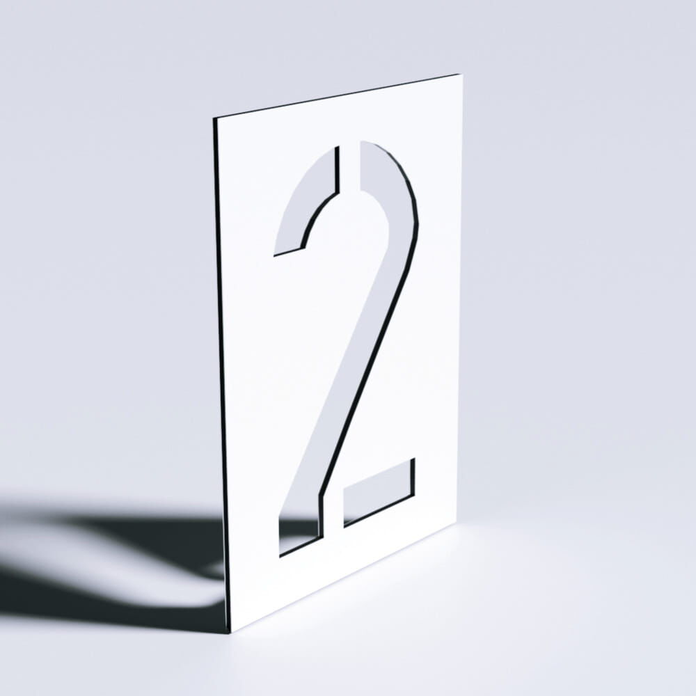 Freistehende Zahlenschablone „2“, in schräger Seitenansicht