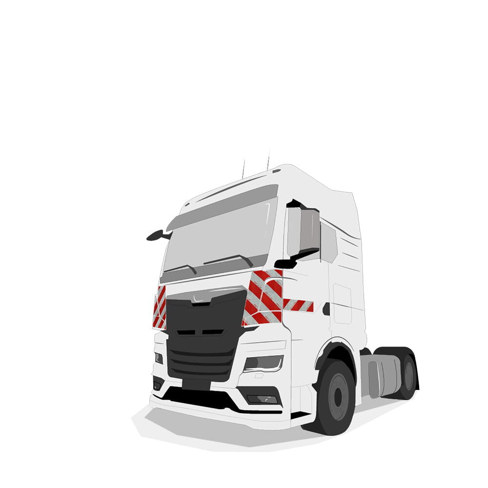 Zugmaschine in Frontansicht mit Komplettwarnmarkierungssatz, passend für MAN TGX/TGS/TGM/TGL