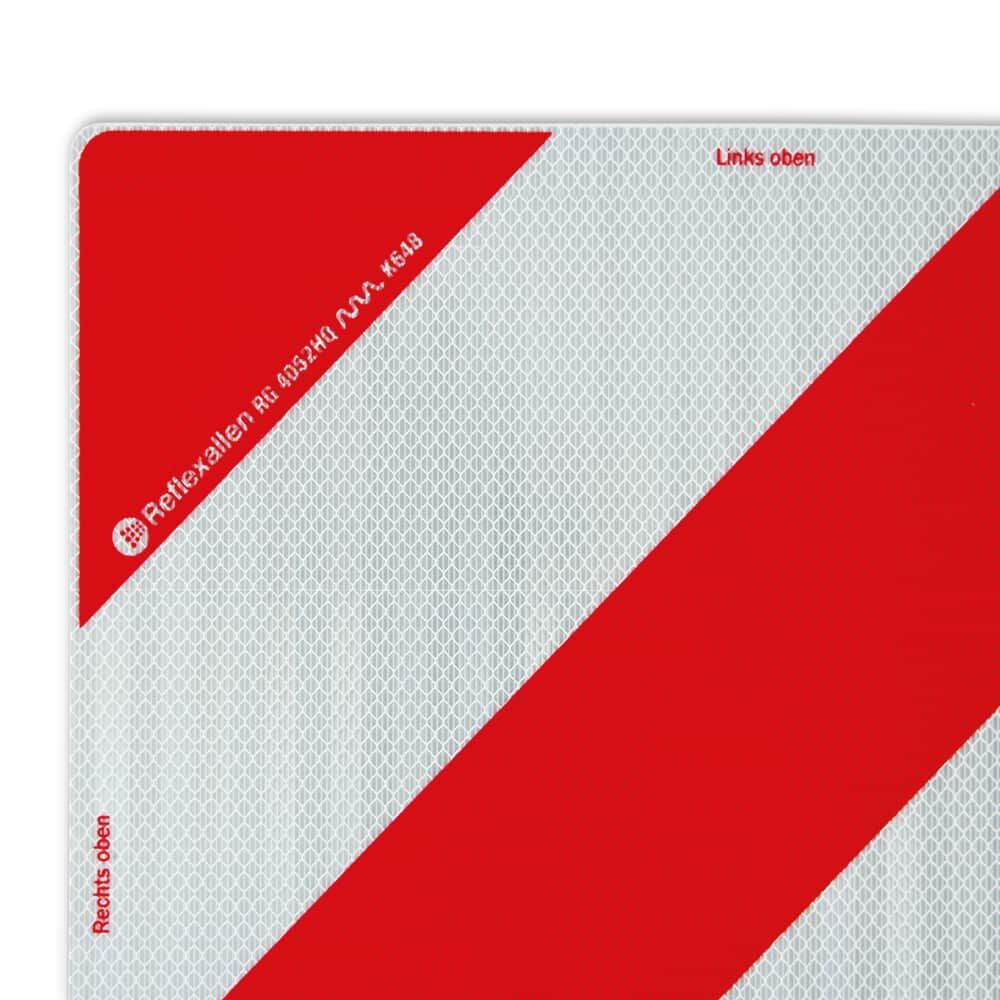 Detail: Aufdruck "Links oben", "Rechts oben" und Herstellerdruck auf reflektierender Warntafel