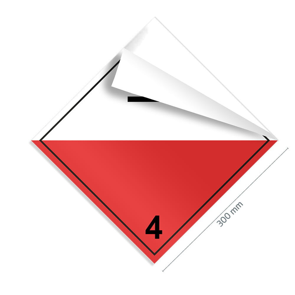 Gefahrgutzettel Klasse 4, 300×300 mm, Ecke gelöst zeigt flexible Klebefolie