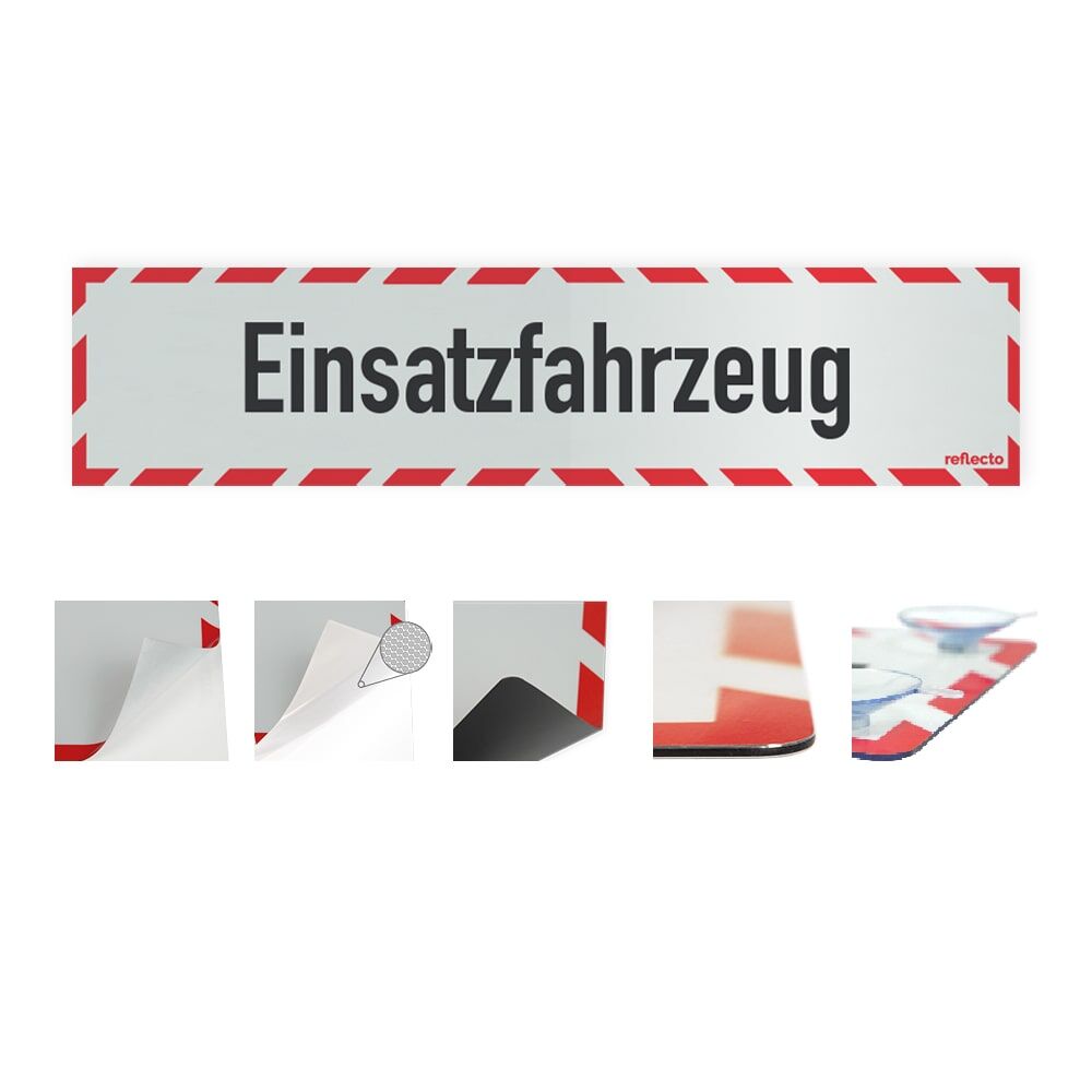 Hinweisschild „Einsatzfahrzeug“ mit rot-weißem Rahmen, Variantenübersicht
