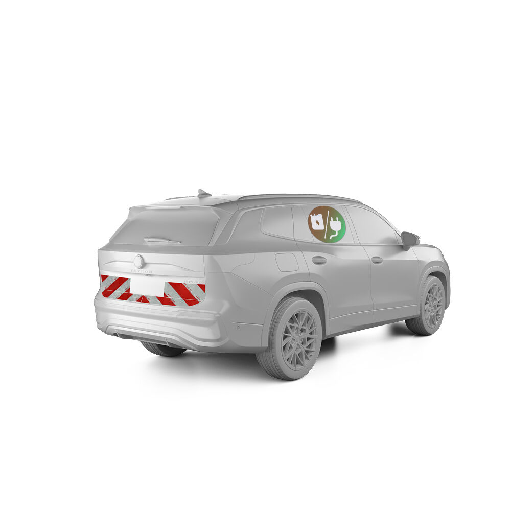 VW Tayron mit Heckwarnmarkierung und eHybrid-Plakette, Baujahr 2025