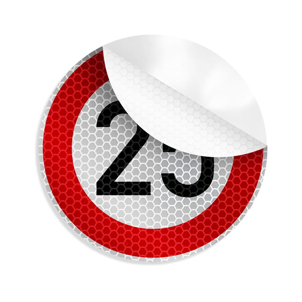 Tempo-25-Aufkleber mit abgezogener Ecke zeigt selbstklebende Rückseite