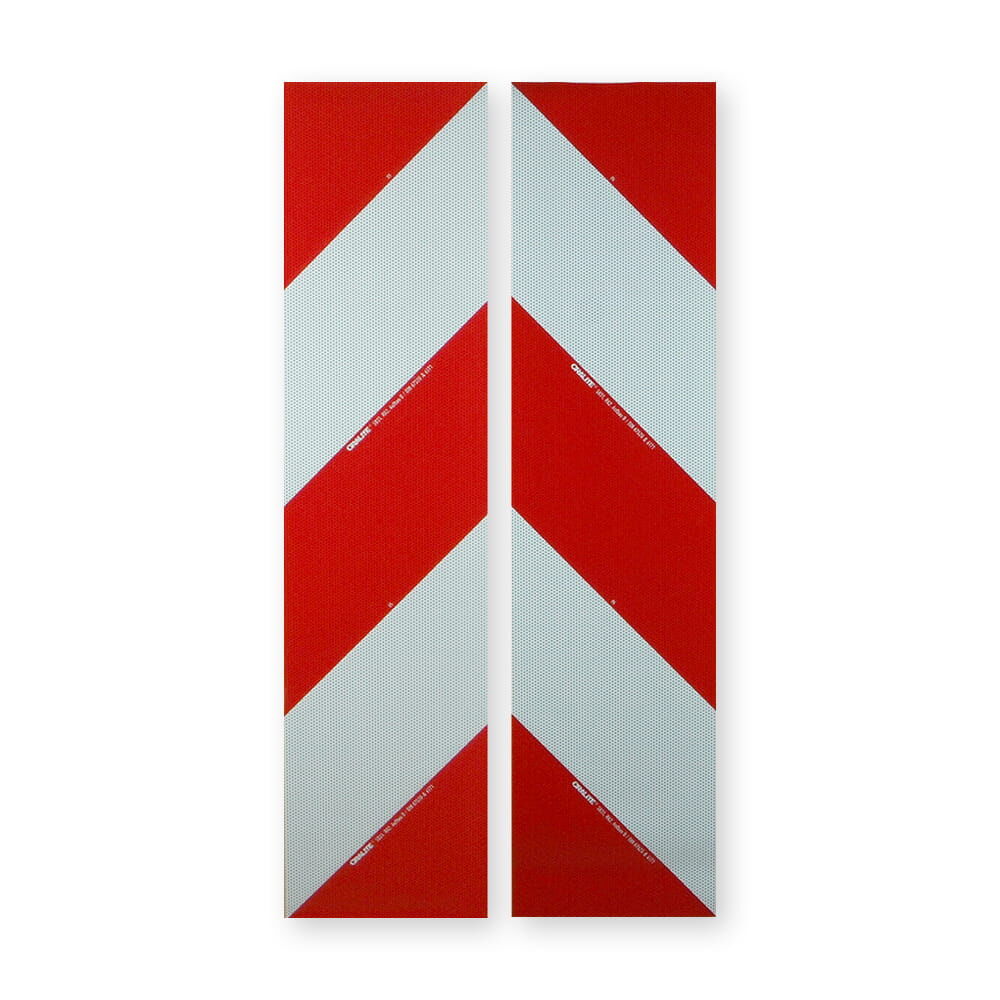 Nahaufnahme des Folienpaars Orafol 5831 RA2 rot-weiß mit diagonalen Streifen