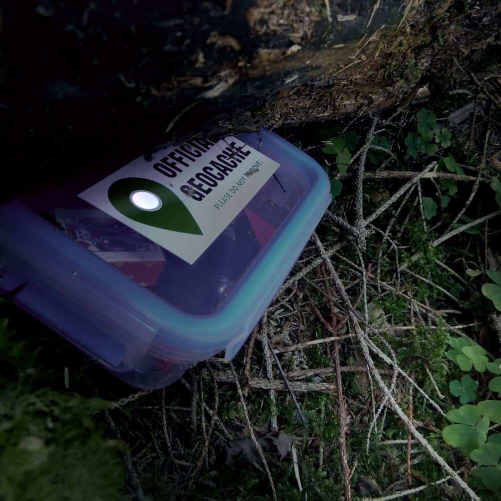Farbiger Geocaching Reflektor markiert Cachebehälter bei Nacht