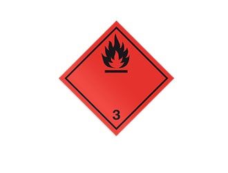 Das Bild zeigt ein rotes Gefahrgutkennzeichen mit Flammensymbol und der Ziffer 3 für entzündbare flüssige Stoffe.