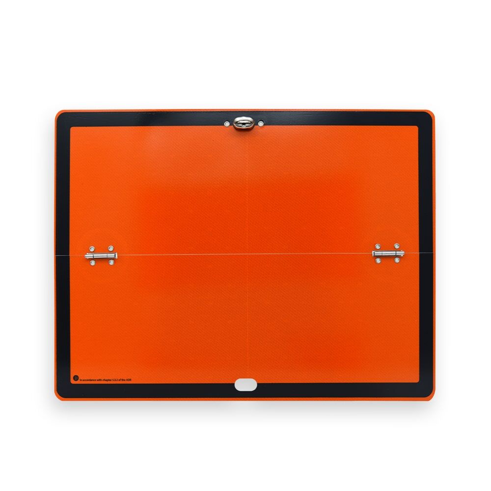 Vorderseite der orangefarbenen horizontal klappbaren ADR-Stahltafel