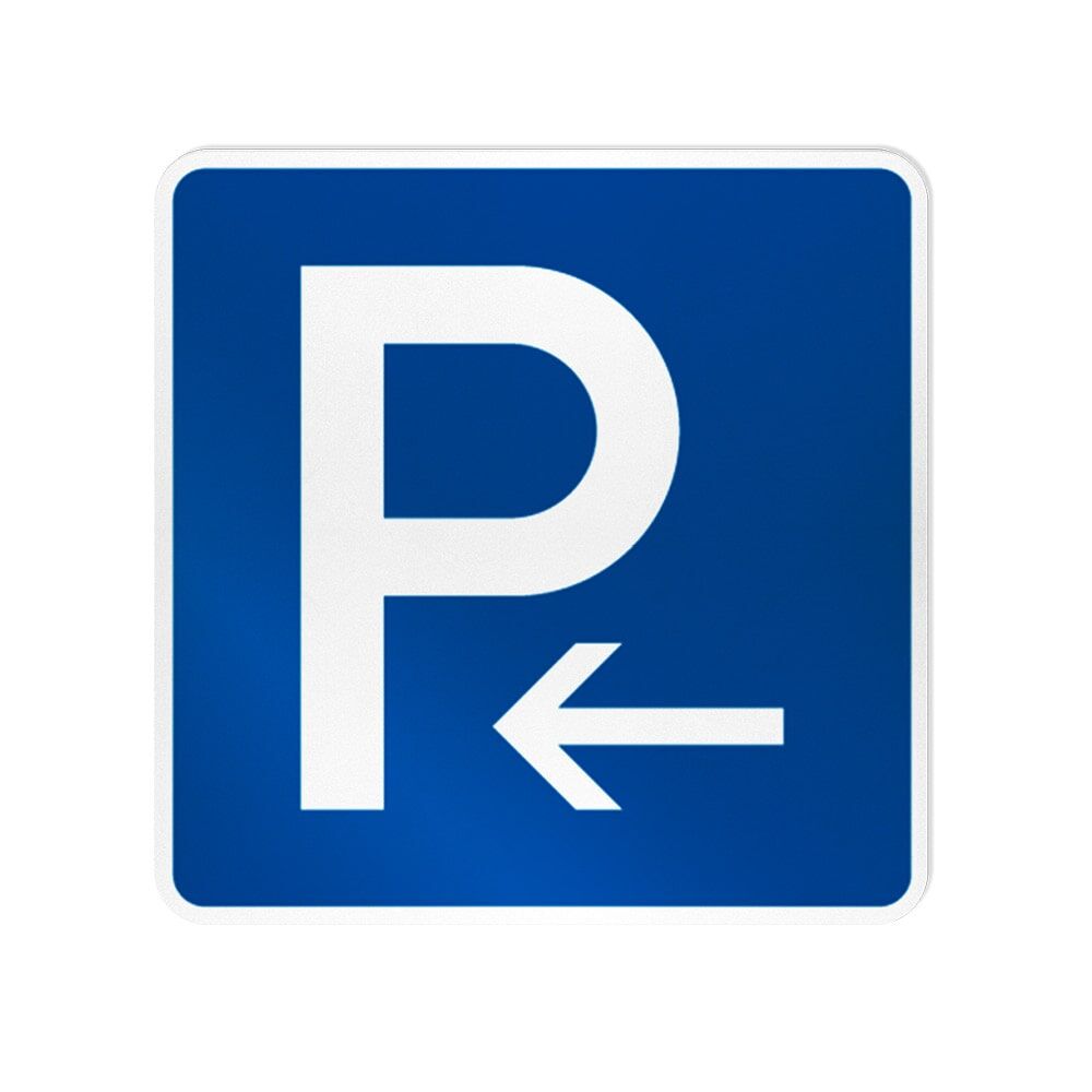 Parkplatzschild „P“ mit Pfeil nach links, blau/weiß