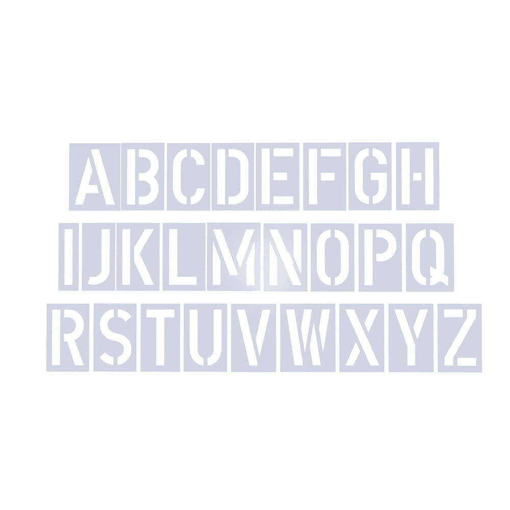 Satz Schablonen A–Z im Blockschrift-Design, Übersicht aller 26 Buchstaben