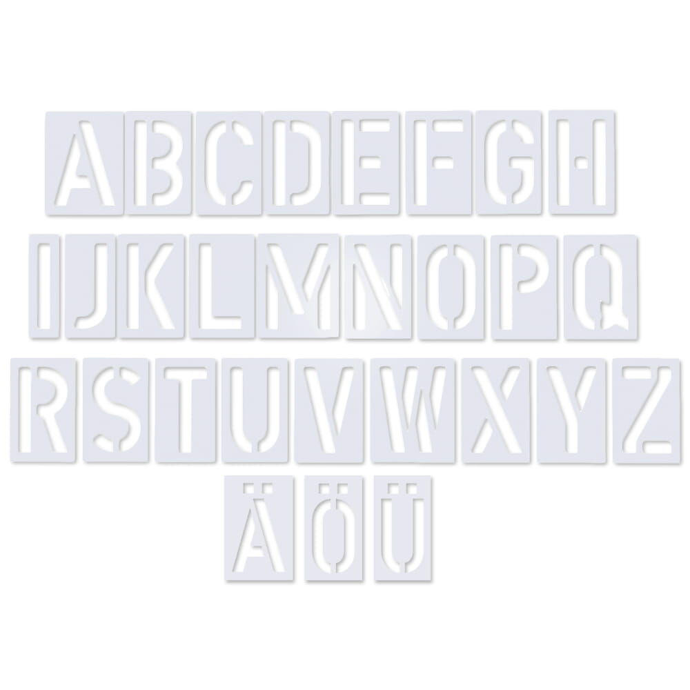 Satz Schablonen A–Z im Blockschrift-Design, Übersicht aller 26 Buchstaben