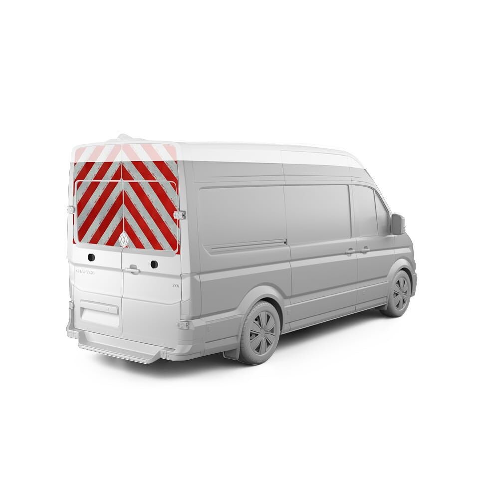 VW Crafter, Baujahr 2017, Heckwarnmarkierung oben mit Blindfenster für Höhe 2, rot-weiß