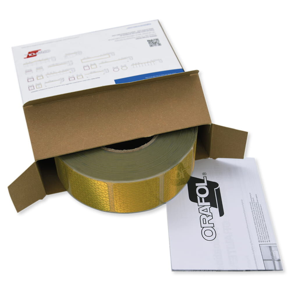 Gelbe VC104+ CG Segmentrolle halb ausgepackt, Karton mit Anleitung sichtbar