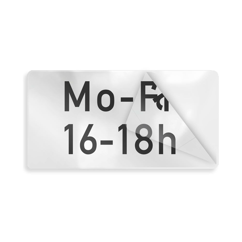 Ablösbares Overlay "Mo-Fr, 16-18 Uhr", Ecke abgezogen