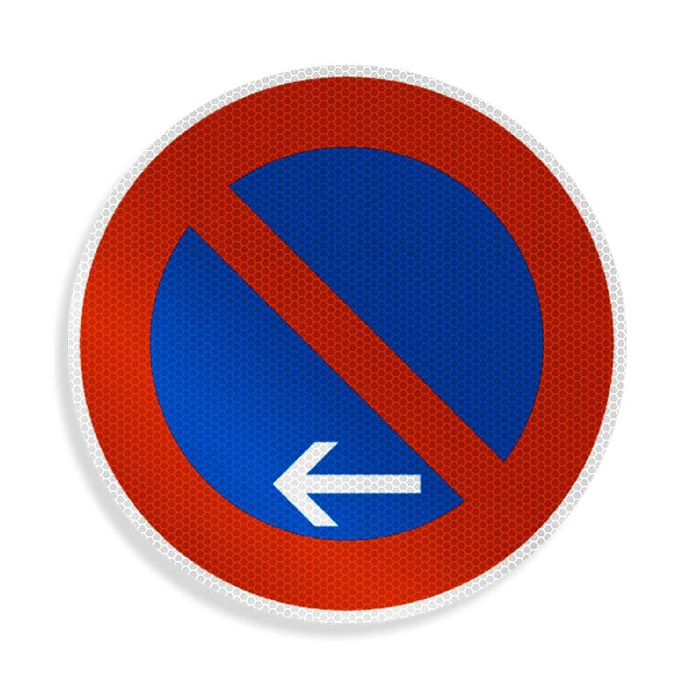 Rundes Schild „eingeschränktes Haltverbot“ mit Pfeil links unten