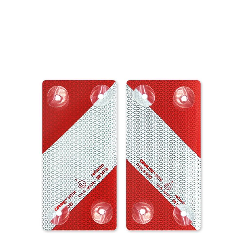 Zwei Reflecto 5921M Warnmarkierungselemente mit rot-weißer RA2-Folie und Saugnapfbefestigung