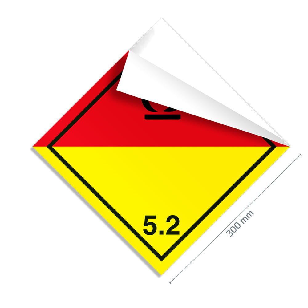 Gefahrgutzettel Klasse 5.2, 300×300 mm, Ecke gelöst zeigt flexible Klebefolie