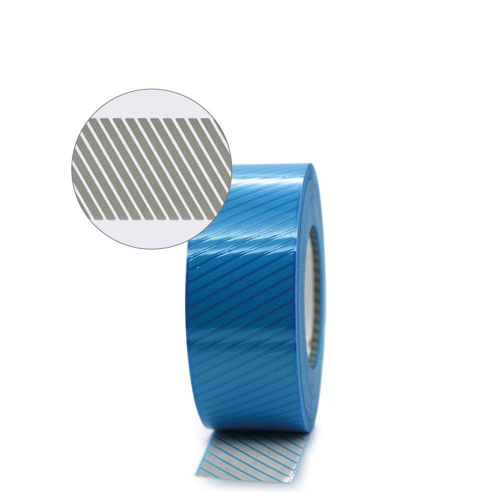 Frontale Ansicht 50 m 3M Scotchlite 5510 Rolle, silber mit blauem Liner. Detailzoom mit Segmenten