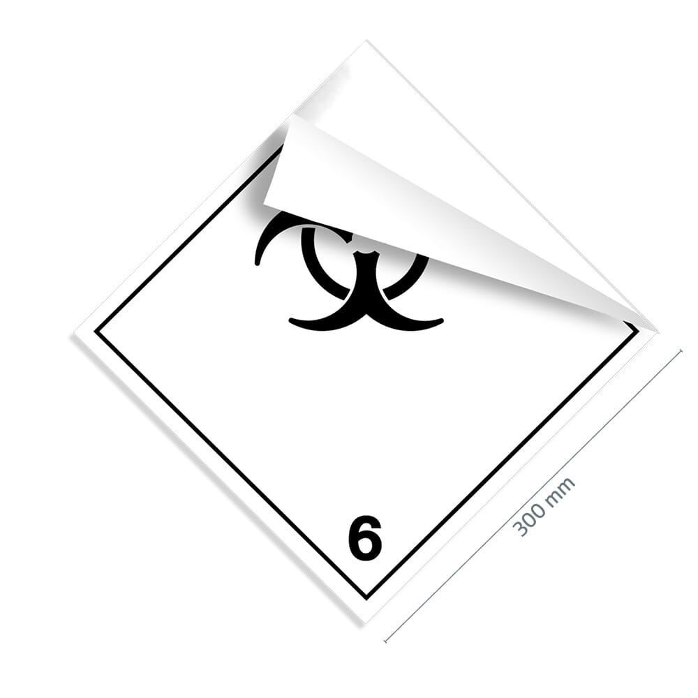Gefahrgutzettel Klasse 6.2, 300×300 mm, Ecke gelöst zeigt flexible Klebefolie