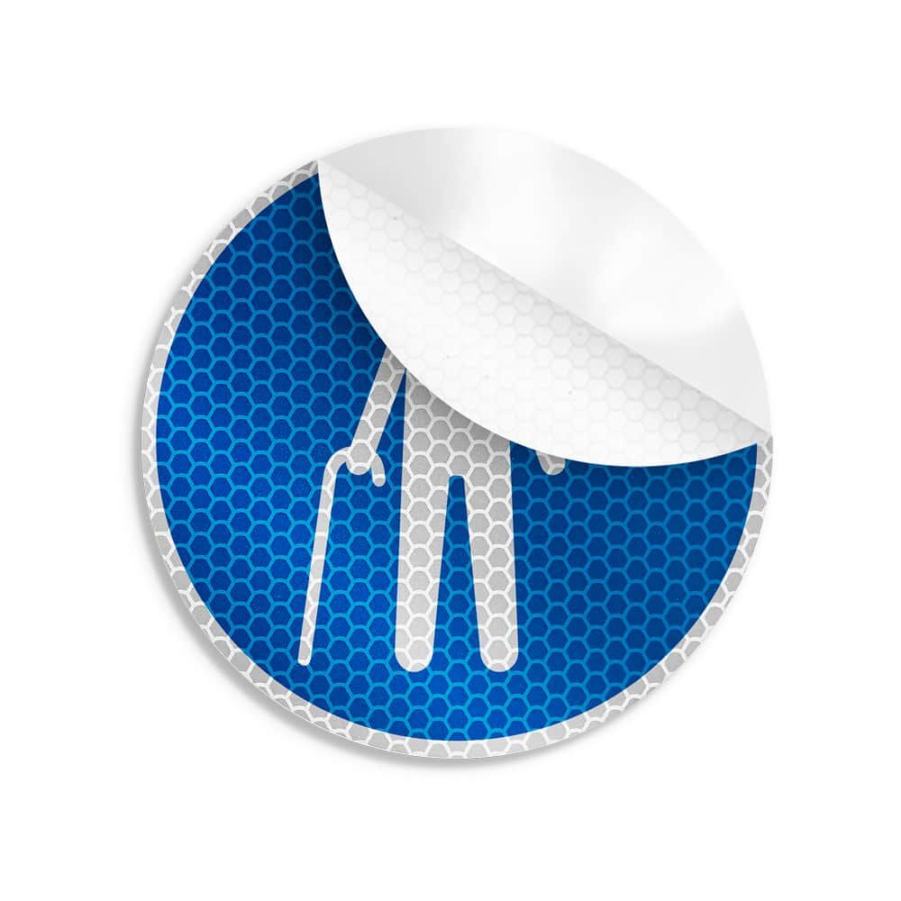 Teilweise abgelöster Aufkleber Mann mit Stock, reflektierend, Ø 10 cm